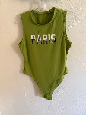 SHEIN Olive Green 'PARIS' Sleeveless One-Piece Bodysuit